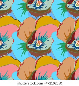 Tropical seamless pattern with many motley abstract flowers. Varicolored vector seamless illustration.