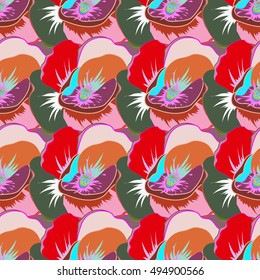 Tropical seamless pattern with many motley abstract flowers. Varicolored vector seamless illustration.