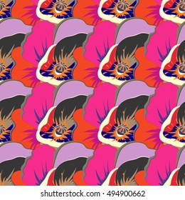 Tropical seamless pattern with many motley abstract flowers. Varicolored vector seamless illustration.