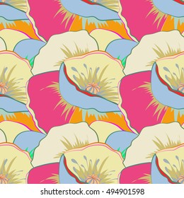 Tropical seamless pattern with many motley abstract flowers. Varicolored vector seamless illustration.