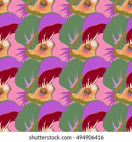 Tropical seamless pattern with many motley abstract flowers. Varicolored vector seamless illustration.