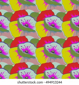 Tropical seamless pattern with many motley abstract flowers. Varicolored vector seamless illustration.
