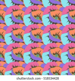 Tropical seamless pattern with many motley abstract flowers. Varicolored vector seamless illustration.