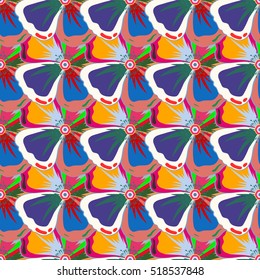 Tropical seamless pattern with many motley abstract flowers. Varicolored vector seamless illustration.