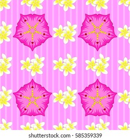Tropical seamless pattern with many motley abstract flowers on a pink background. Varicolored vector seamless illustration.