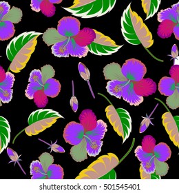 Tropical seamless pattern with many multicolor abstract flowers on black background. Multicolored vector seamless illustration.