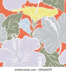 Tropical seamless pattern with many multicolor abstract flowers on orange background. Multicolored vector seamless illustration.