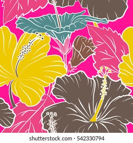 Tropical seamless pattern with many multicolor abstract flowers on magenta background. Multicolored vector seamless illustration.