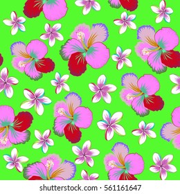 Tropical seamless pattern with many multicolor abstract flowers on green background. Multicolored vector seamless illustration.