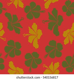 Tropical seamless pattern with many orange, yellow and green hibiscus flowers. Orange, yellow and green vector seamless pattern. Vector illustration.