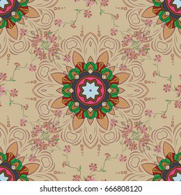 Tropical seamless pattern with many pink abstract flowers. Varicolored vector seamless illustration.