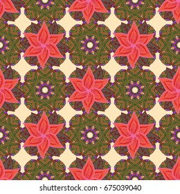 Tropical seamless pattern with many pink abstract flowers. Varicolored vector seamless illustration.