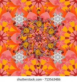 Tropical seamless pattern with many pink, orange and yellow abstract flowers. Varicolored vector seamless illustration.