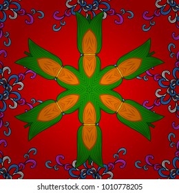 Tropical seamless pattern with many red, green and orange abstract flowers. Cute Floral pattern in the small flower. Varicolored, green and orange vector seamless illustration.