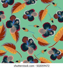 Tropical seamless pattern with many red, blue and orange abstract flowers on green background.