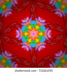 Tropical seamless pattern with many red, orange and blue abstract flowers. Varicolored vector seamless illustration.