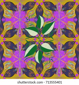 Tropical seamless pattern with many violet, yellow and green abstract flowers. Varicolored vector seamless illustration.