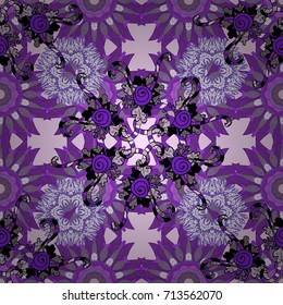 Tropical seamless pattern with many violet, neutral and purple abstract flowers. Varicolored vector seamless illustration.