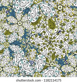Tropical seamless pattern with many white, black and blue abstract flowers. Cute Floral pattern in the small flower. Varicolowhite, black and blue vector seamless illustration.