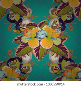Tropical seamless pattern with many yellow, blue and green hibiscus flowers. Yellow, blue and green vector seamless pattern. Vector illustration.