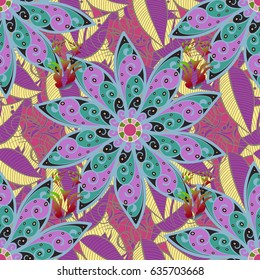 Tropical seamless pattern with many yellow abstract flowers. Varicolored vector seamless illustration.