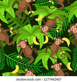 Tropical seamless pattern with monkeys, bananas and palm leaves, vector illustration