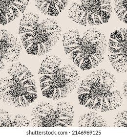 Tropical seamless pattern with monochrome grunge monstera leaves silhouette. Jungle foliage vector art. Monstera halftone art. Exotic background for summer design, swimwear, t-shirt, fabric, wallpaper