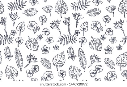 Tropical seamless pattern. Monochrome outline hand drawing flowers and palm leaves. Vector