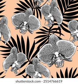 Tropical seamless pattern with monochrome spotted orchid flowers and leaves on peach fuzz background. Vector floral illustration.