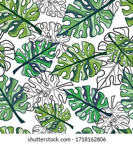 Patrón tropical sin fisuras de hojas de la planta Monstera Deliciosa. Se puede utilizar para impresión, tela, envoltura, papelería, diseño web. Ilustración del vector