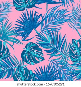 Tropical  seamless pattern of monstera, jungle leaves of palm tree, vector illustration