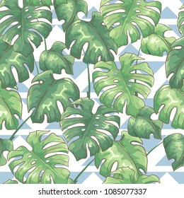 Tropical seamless pattern with monstera leaves on abstract background. Exotic vector background.