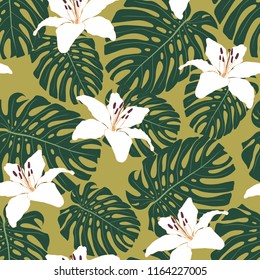 Tropical seamless pattern with monstera leaves and blossom white lily flowers. Exotic vector background. Botanical illustration for fashion or other design