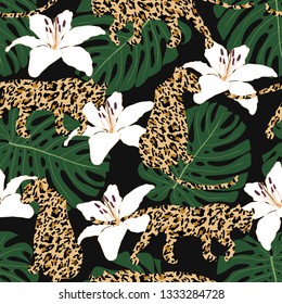 Tropical seamless pattern. Monstera leaves, blossom white lily flowers and leopard skin silhouette. Exotic modern repeat vector illustration. Creative print on black background. Fashion, fabric, tile