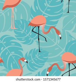 Tropical seamless pattern with monstera leaves and flamingo
