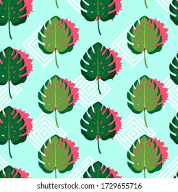 Tropical seamless pattern with monstera leaves and red paint spots. Vector illustration of summer on blue background. Exotic wallpaper. For web, banners, scrapbooking, printing on fabric, wrapping.