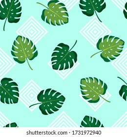 Tropical seamless pattern with monstera leaves. Vector illustration on blue background. Exotic wallpaper with geometric pattern. For web design, banners, scrapbooking, printing on fabric, wrapping.