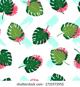 Tropical seamless pattern with monstera leaves and paint spots. Vector illustration on white background. Exotic wallpaper. For web design, banners, scrapbooking, printing on fabric, wrapping.