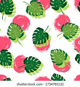 Tropical seamless pattern with monstera leaves. Vector illustration of summer. Exotic wallpaper with hand drawn red circles on white background. For banners, scrapbooking, printing on fabric, wrapping
