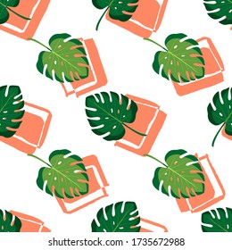 Tropical seamless pattern with monstera leaves. Vector illustration of summer. Exotic wallpaper with hand drawn shapes on white background. For web, banners, scrapbooking, printing on fabric, wrapping