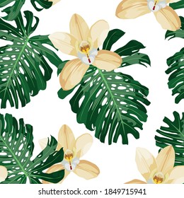 Tropical seamless pattern. Monstera leaves and yellow orchid flowers on white background. Seamless exotic pattern with tropical plants. Jungle leaves. Botanical pattern.