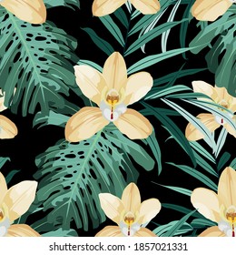 Tropical seamless pattern. Monstera leaves and orchid flowers on black background. Seamless exotic pattern with tropical plants. Jungle palm leaves. Botanical pattern.