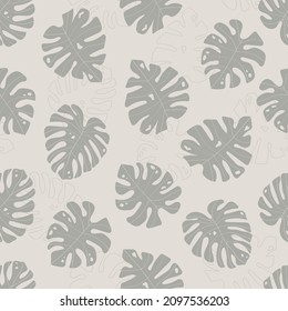 Tropical seamless pattern with monstera leaves. Trendy minimalistic botanical background. Exotic vector illustration of plants in pastel colors.