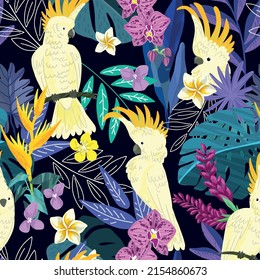 Tropical seamless pattern with monstera leaves and white parrots. Hand drawn vector illustration