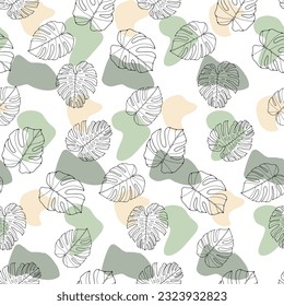 Tropical seamless pattern with monstera leaves contours and yellow-green spots on a white background. Pattern for textiles, wrapping paper, wallpapers, backgrounds, decor, postcards, item designs.