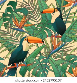 Tropical seamless pattern with monstera leaves, bird of paradise flower. Vector illustration of ramphastos bird. For fabric, textile, wrapping paper, cover, package. Flowers and tropical leaves.