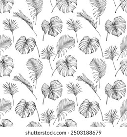 Tropical seamless pattern with monstera leaves. Hand drawn illustration.