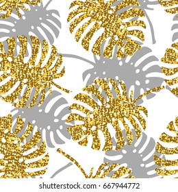 Tropical seamless pattern with monstera leaves and golden glitter texture. Vector illustration