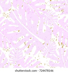 Tropical Seamless Pattern with Monstera Leaves. Milky Pink and Gold texture. Trendy botanical background for wallpaper, textile, fashion banners, cards, posters, wrappings, invitations, blog. Vector