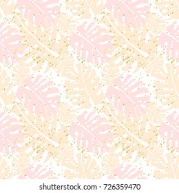Tropical Seamless Pattern with Monstera Leaves. Milky Pink and Gold texture. Trendy botanical background for wallpaper, textile, fashion banners, cards, posters, wrappings, invitations, blog. Vector
